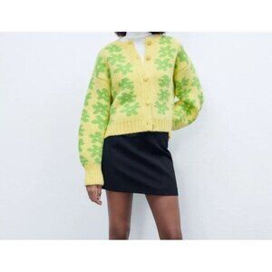 Zara Yellow Floral Funky Knit Retro Cardigan Womens  Large